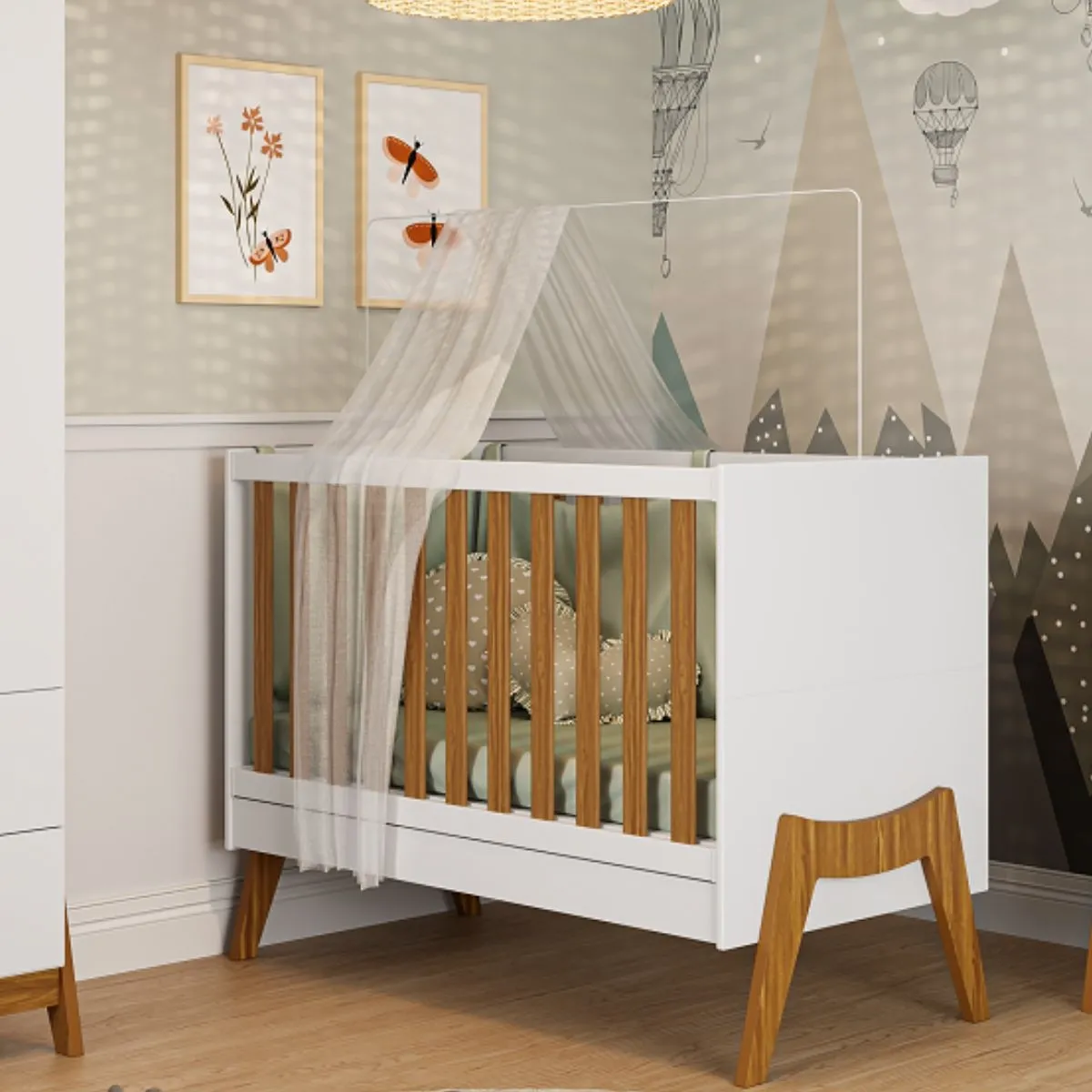 Berço Americano Guti Retrô Mini Cama 5 em 1 Branco Brilho/Amêndoa