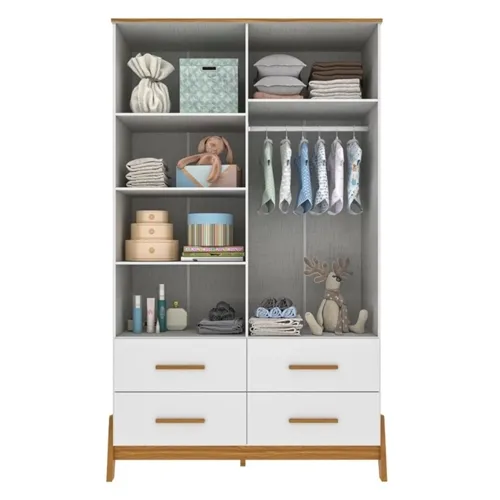 Guarda-Roupa Infantil Guti Retrô 4 Portas e 4 Gavetas Branco Brilho/Amêndoa