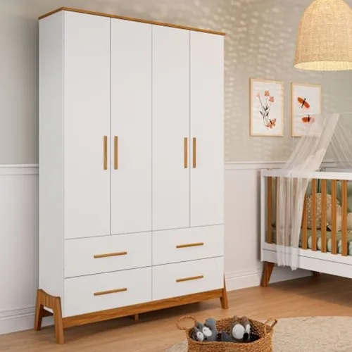 Guarda-Roupa Infantil Guti Retrô 4 Portas e 4 Gavetas Branco Brilho/Amêndoa