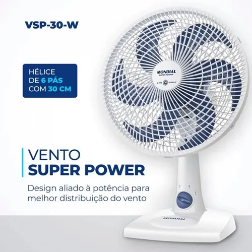 Ventilador de Mesa Super Power VSP-30-B 30cm Mondial 6 Pás 3 Velocidades Branco