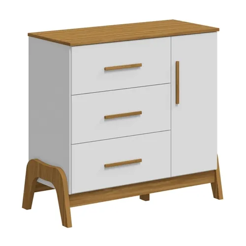 Cômoda Infantil Retrô Guti 1 Porta 3 Gavetas Branco Brilho/Amêndoa