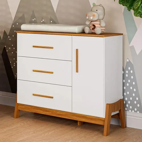 Cômoda Infantil Retrô Guti 1 Porta 3 Gavetas Branco Brilho/Amêndoa