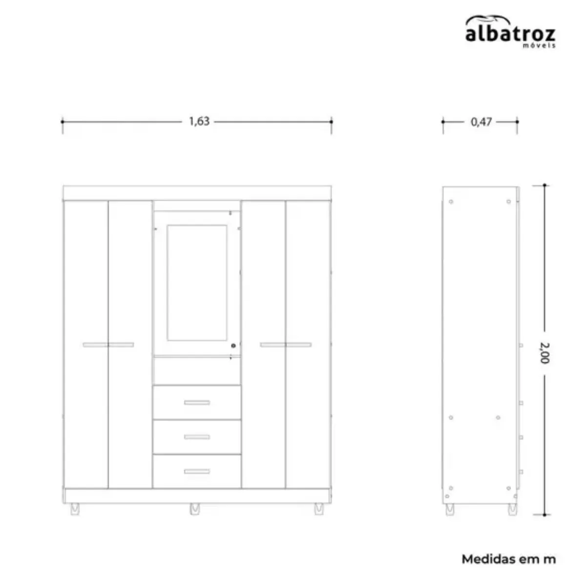 Guarda-Roupa Casal Ágata 04 Portas 3 Gavetas com Espelho Nature/Titanium