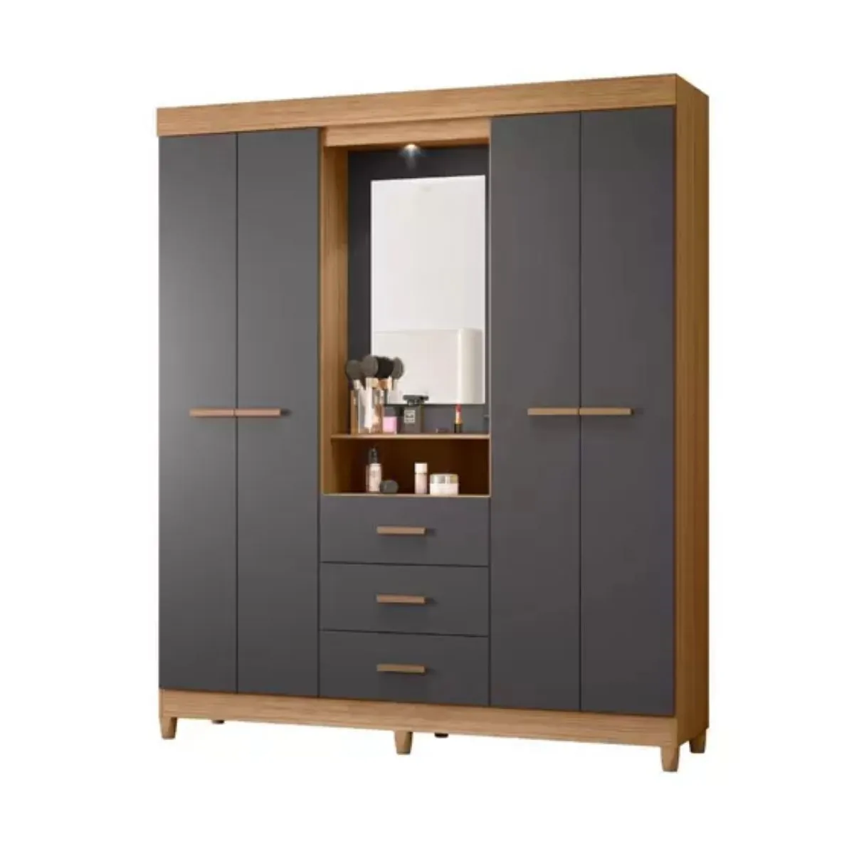 Guarda-Roupa Casal Ágata 04 Portas 3 Gavetas com Espelho Nature/Titanium