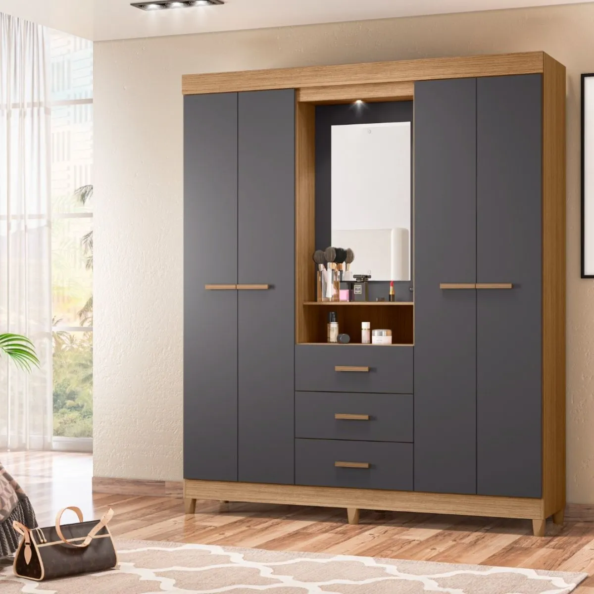 Guarda-Roupa Casal Ágata 04 Portas 3 Gavetas com Espelho Nature/Titanium