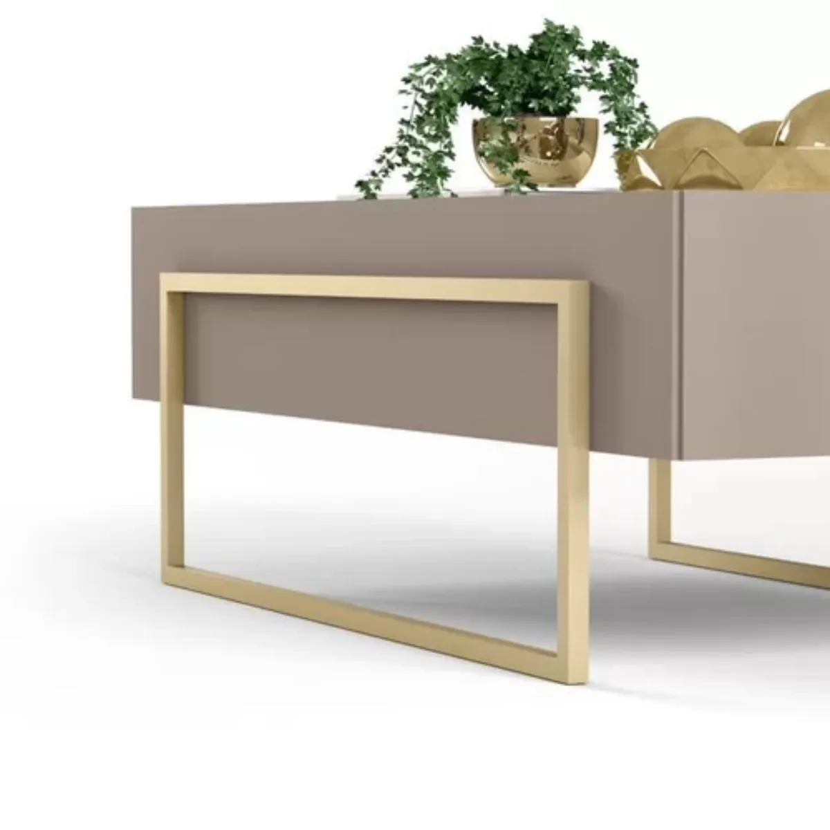 Mesa de Centro Pilar Tampo com Espelho e Pés em Metal Dourado Griz