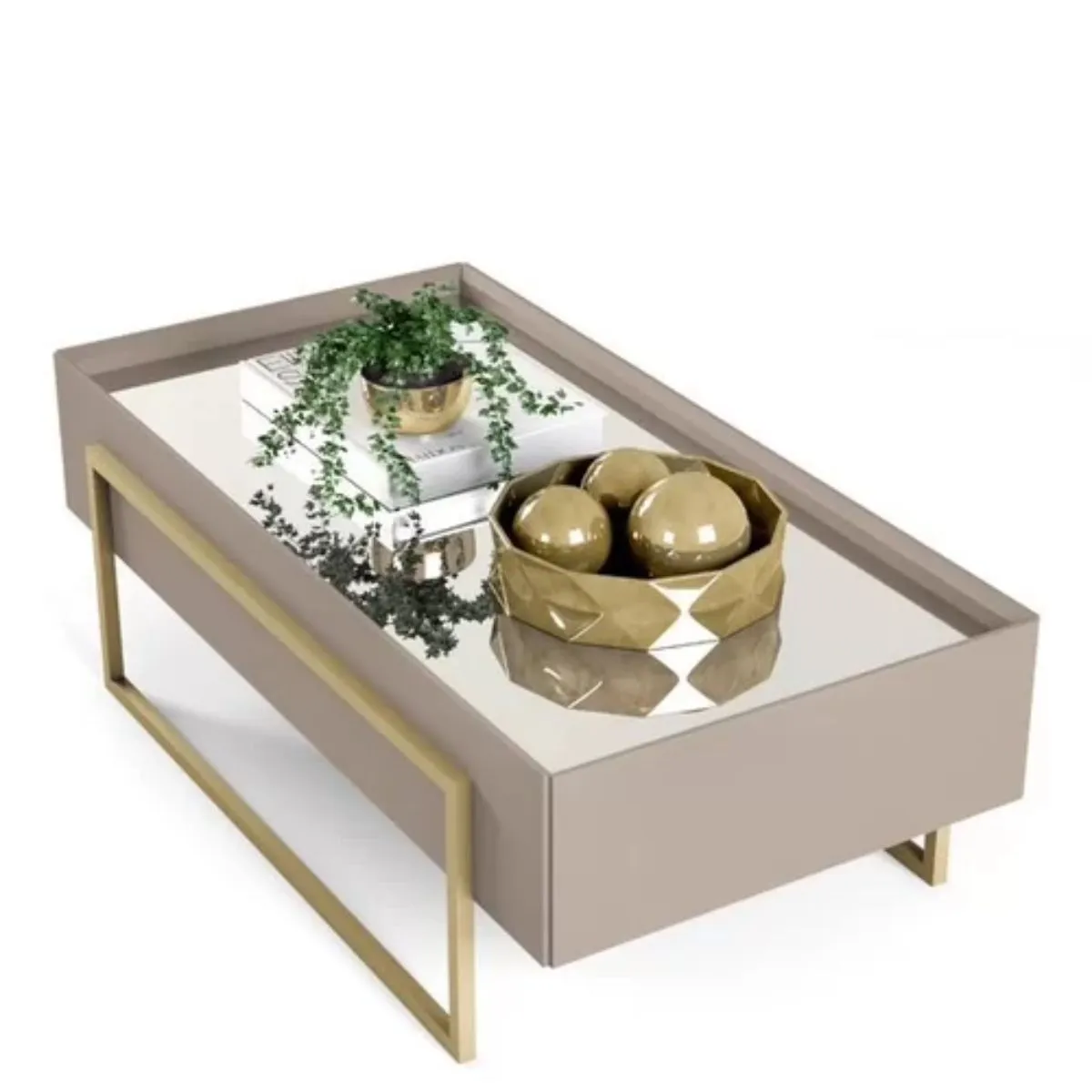 Mesa de Centro Pilar Tampo com Espelho e Pés em Metal Dourado Griz