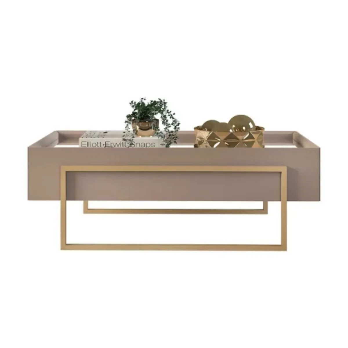 Mesa de Centro Pilar Tampo com Espelho e Pés em Metal Dourado Griz