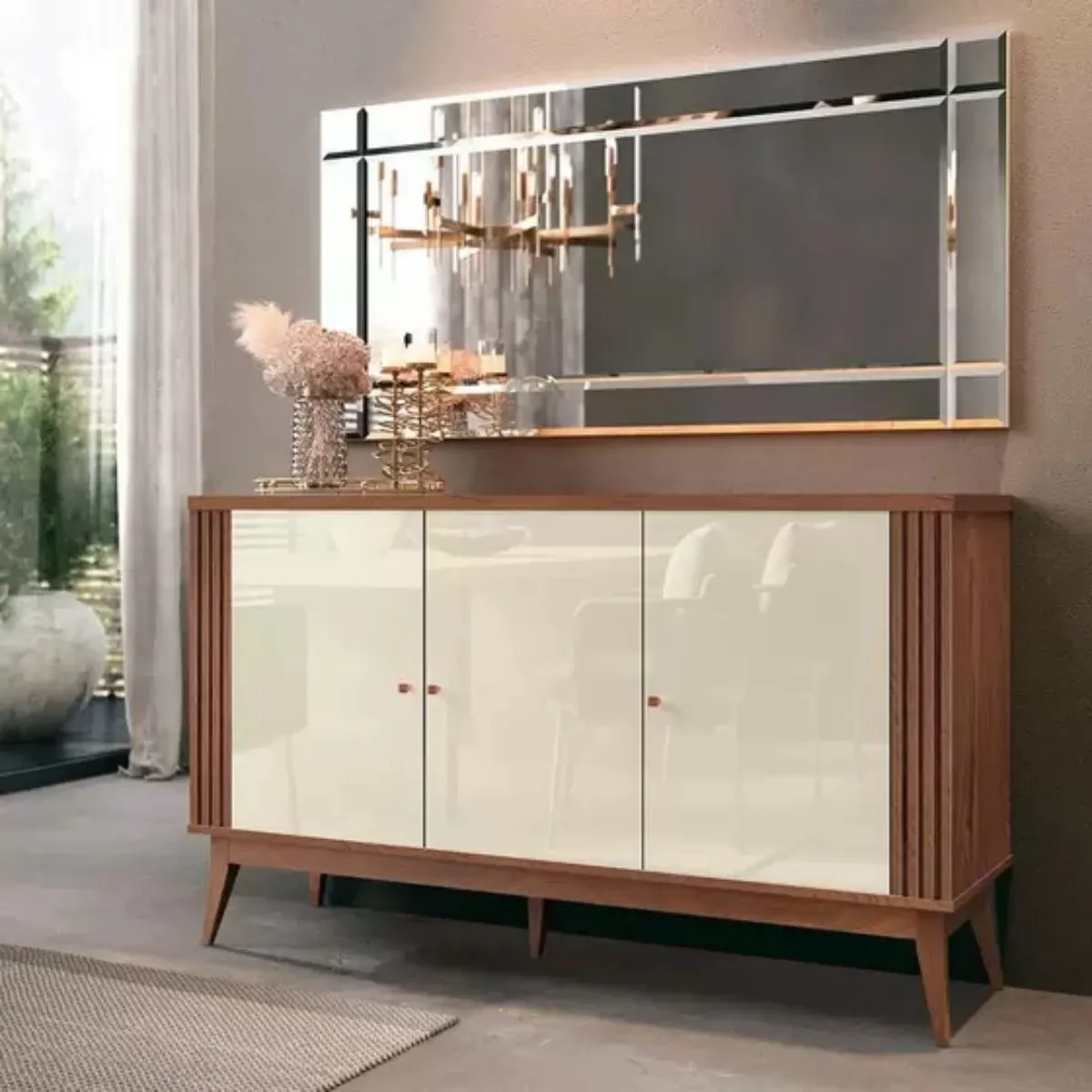 Buffet Aparador Balcão Ripado Argo 3 Portas, Pés Madeira Maciça Off White/Naturale