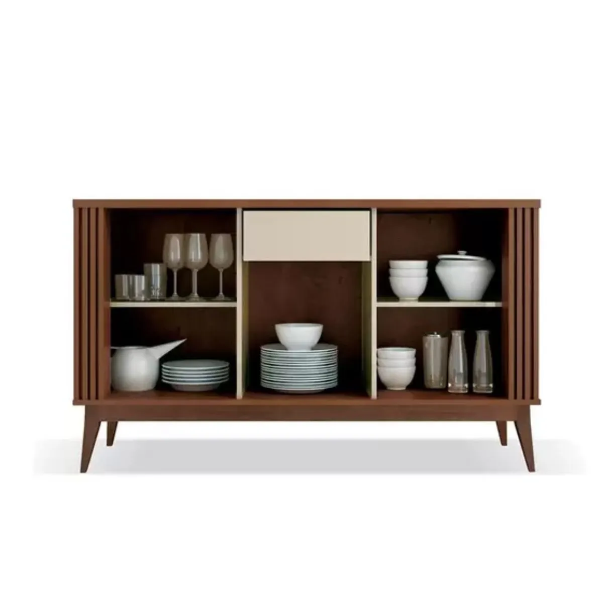 Buffet Aparador Balcão Ripado Argo 3 Portas, Pés Madeira Maciça Off White/Naturale