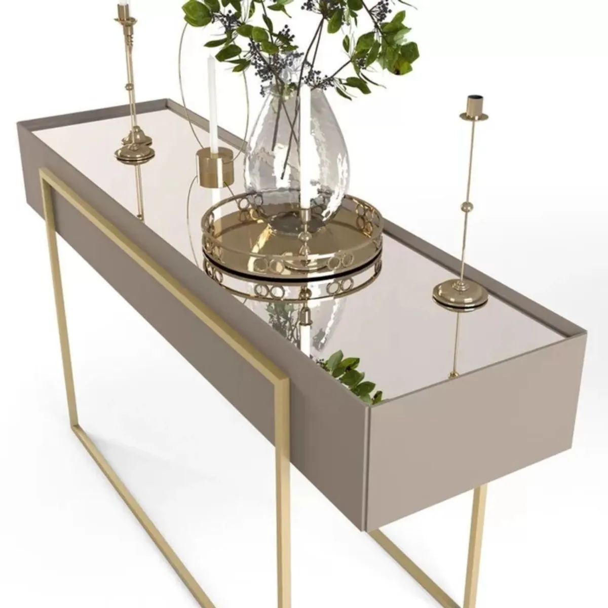 Aparador Pilar Tampo com Espelho e Pés  em Metal Dourado - Griz