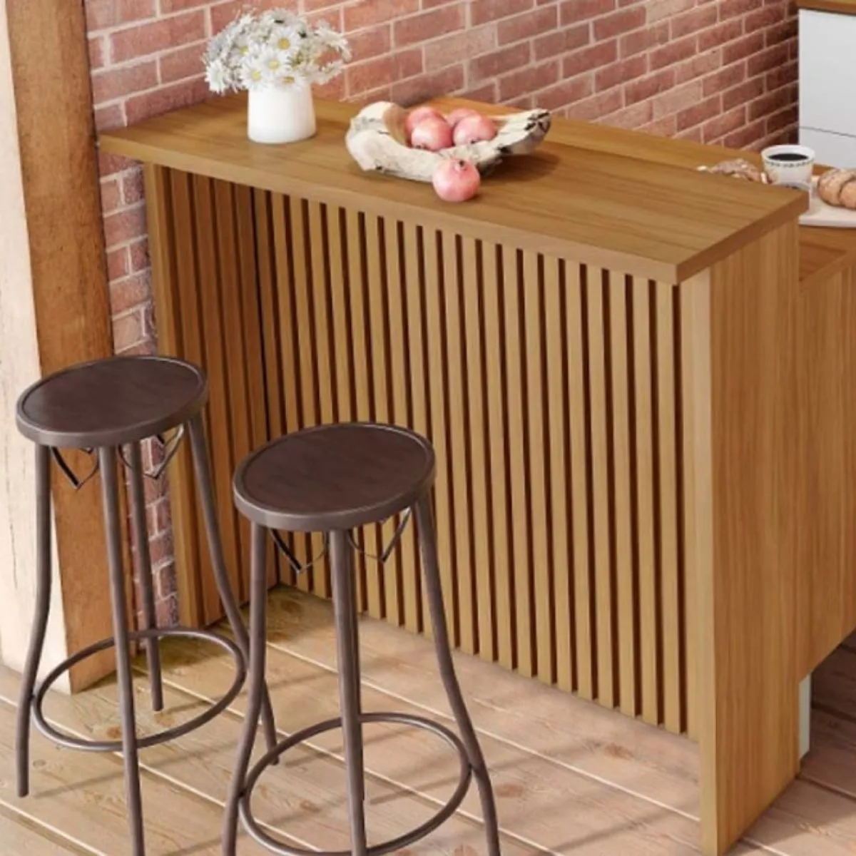 Painel de Ilha Ripado Bancada para Cozinha Nesher 120 cm 100% MDF Freijó