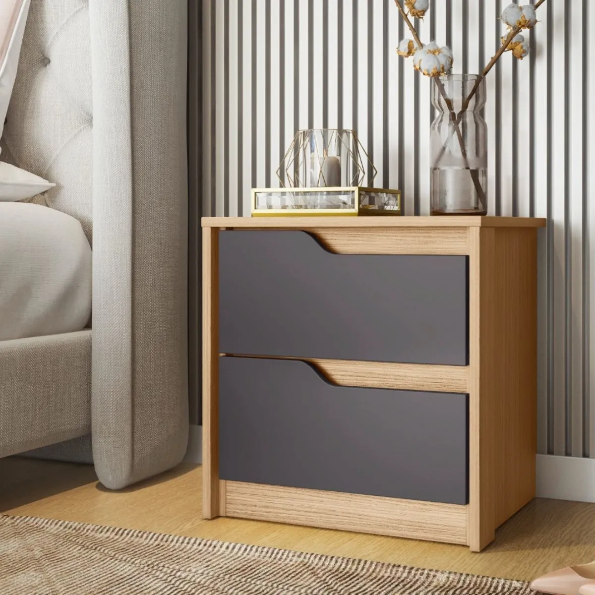 Mesa de Cabeceira 2 Gavetas Flex Doble Nature/Titanium