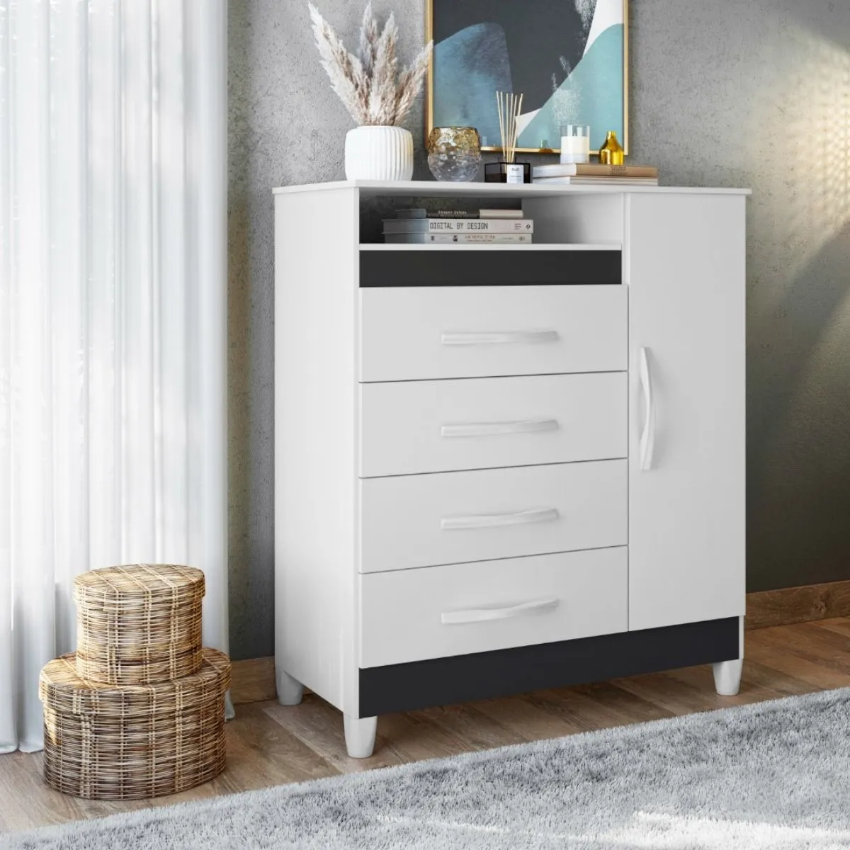 Cômoda Sapateira 1 Porta 4 Gavetas Turquesa Branca Multiflex