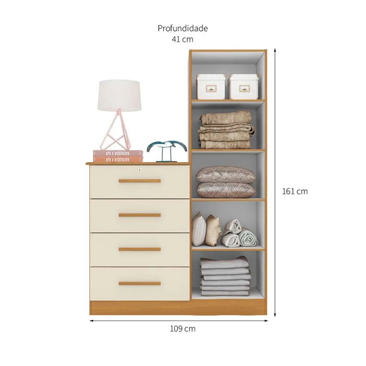 Cômoda com Espelho 4 Gavetas 1 Porta Belize Plus Carvalho Grife/Off White