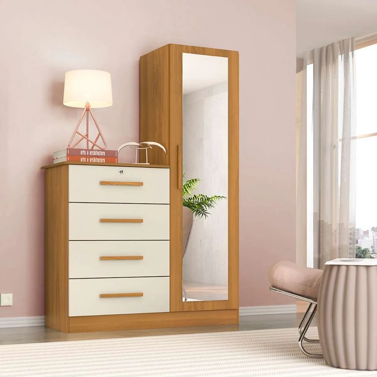 Cômoda com Espelho 4 Gavetas 1 Porta Belize Plus Carvalho Grife/Off White