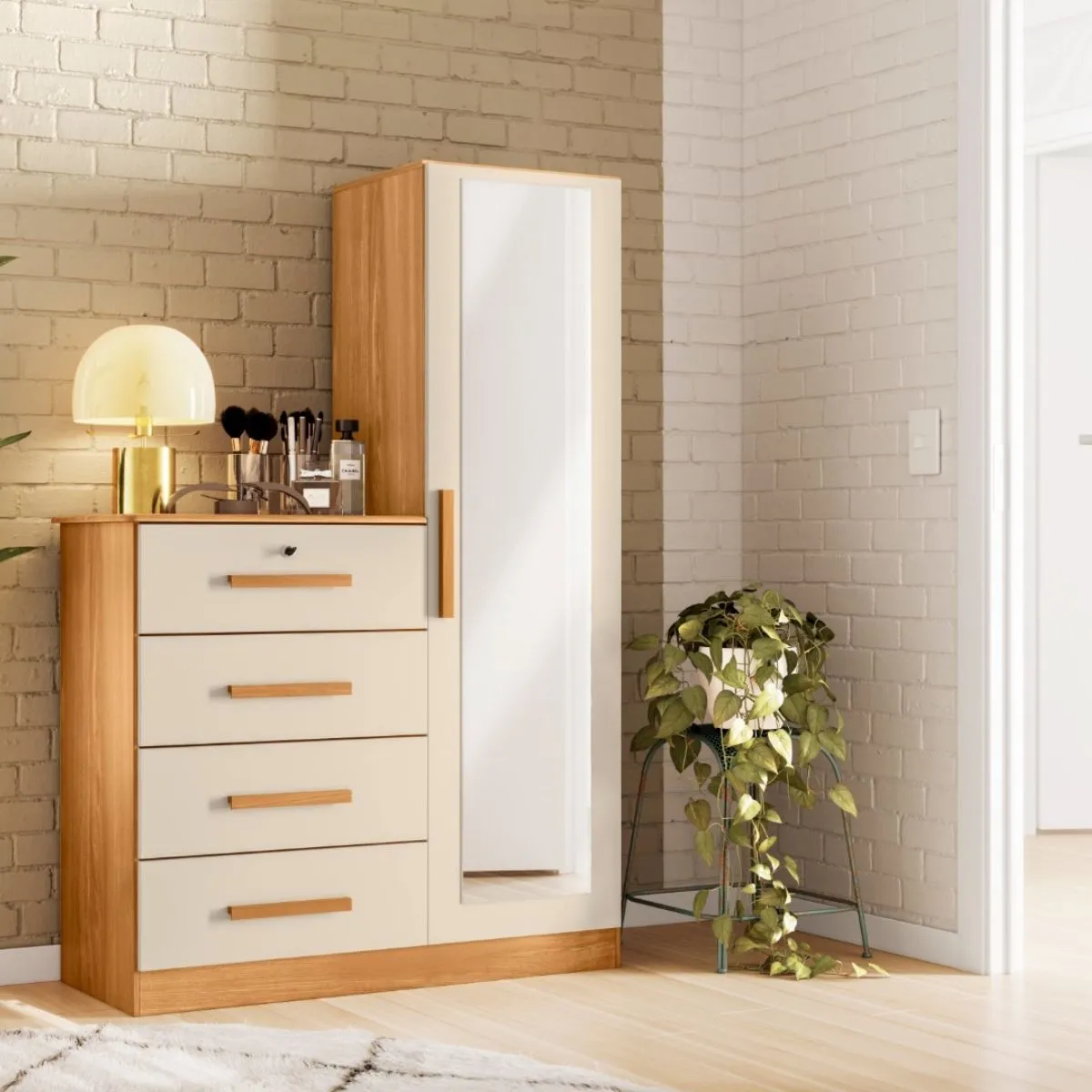 Cômoda com Espelho 4 Gavetas 1 Porta Belize Plus Carvalho Grife/Off White