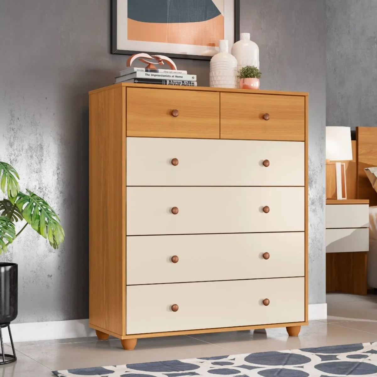 Cômoda 6 Gavetas Vittoria Carvalho Grife/Off White