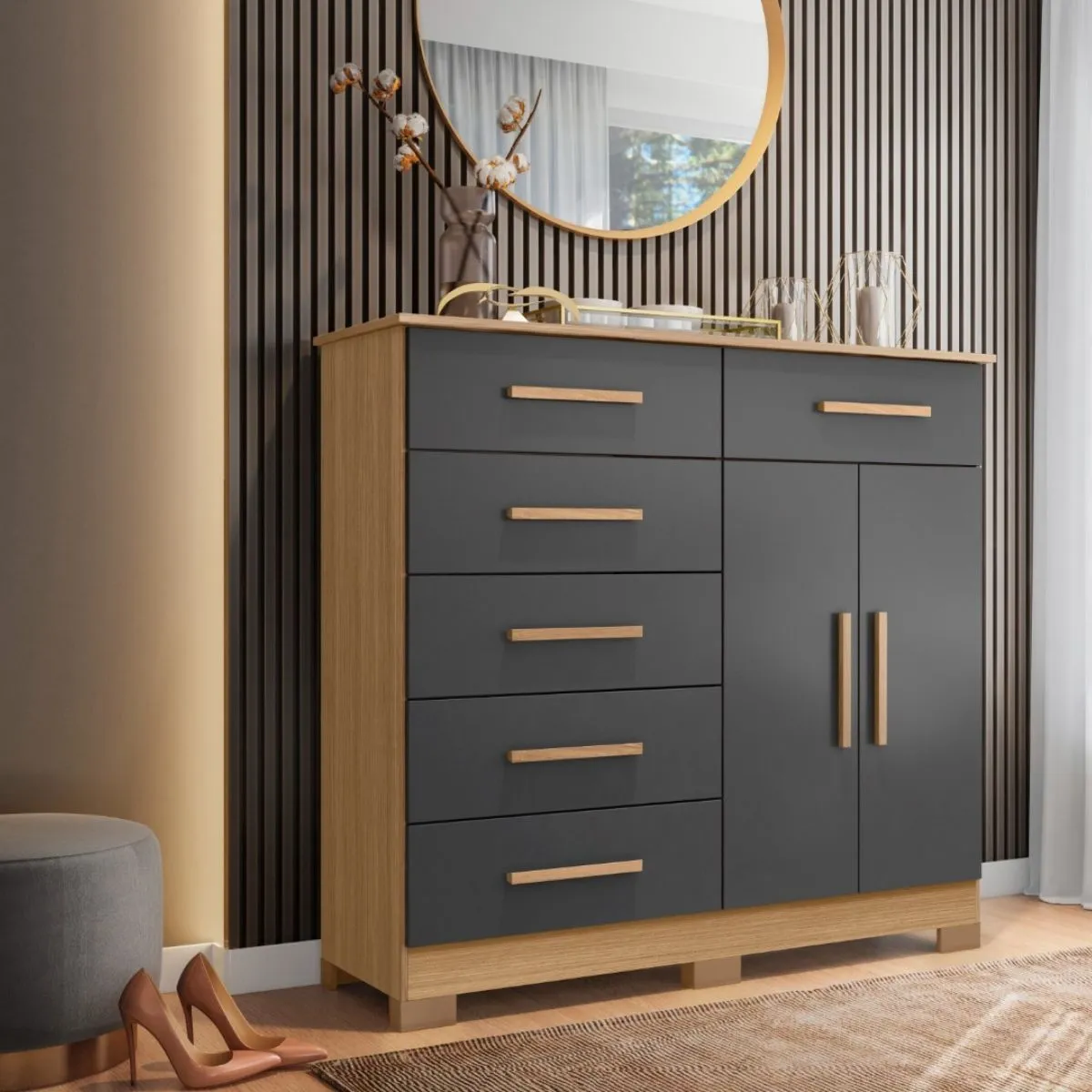 Cômoda Xangai 6 Gavetas 2 Portas Nature/Titanium