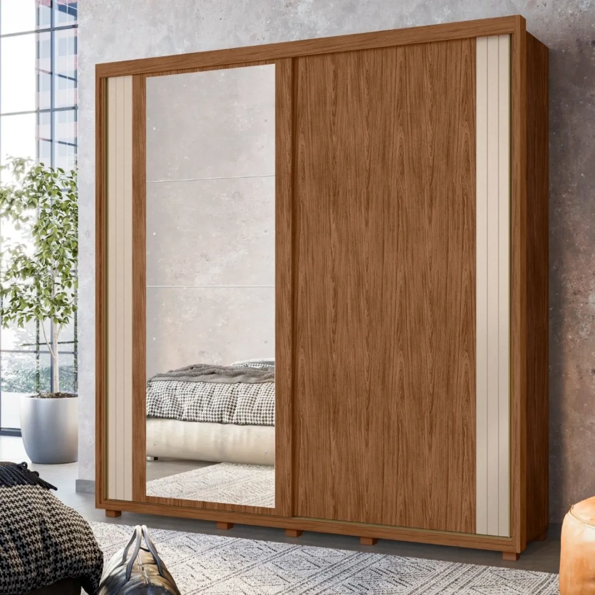 Guarda-Roupa Casal 2 Portas de Correr Viena com Espelho Avelã/Fendi Metallic