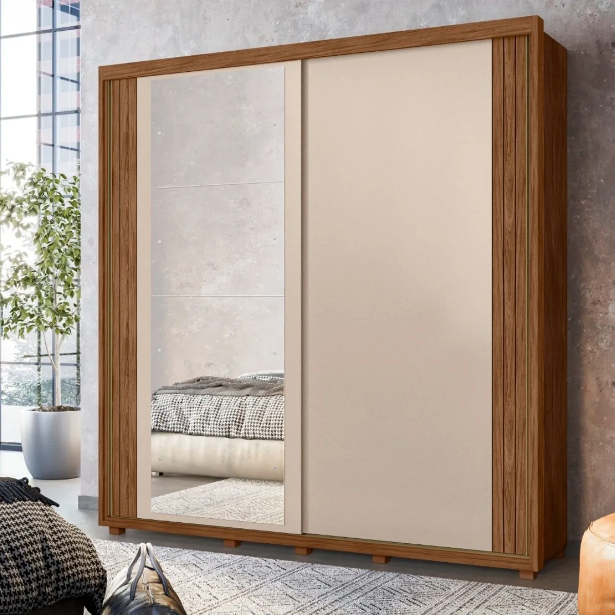 Guarda-Roupa Casal 2 Portas de Correr Viena com Espelho Avelã/Fendi Metallic