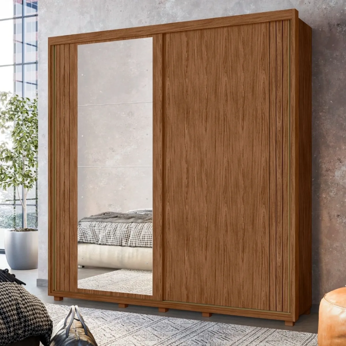 Guarda-Roupa Casal 2 Portas de Correr Viena com Espelho Avelã/Fendi Metallic