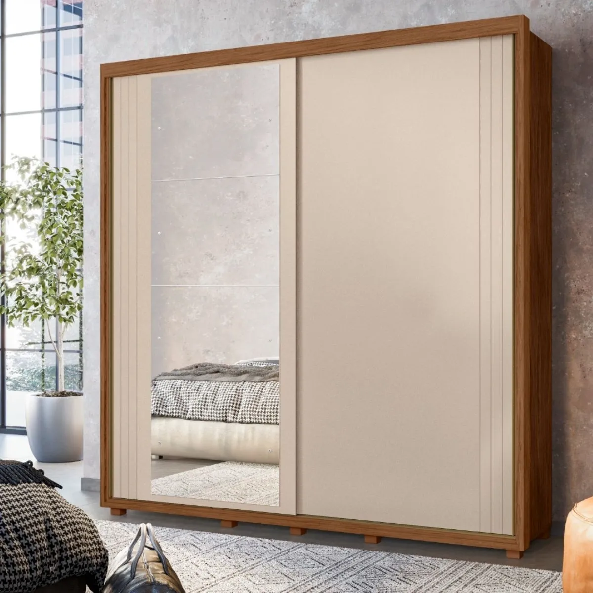 Guarda-Roupa Casal 2 Portas de Correr Viena com Espelho Avelã/Fendi Metallic