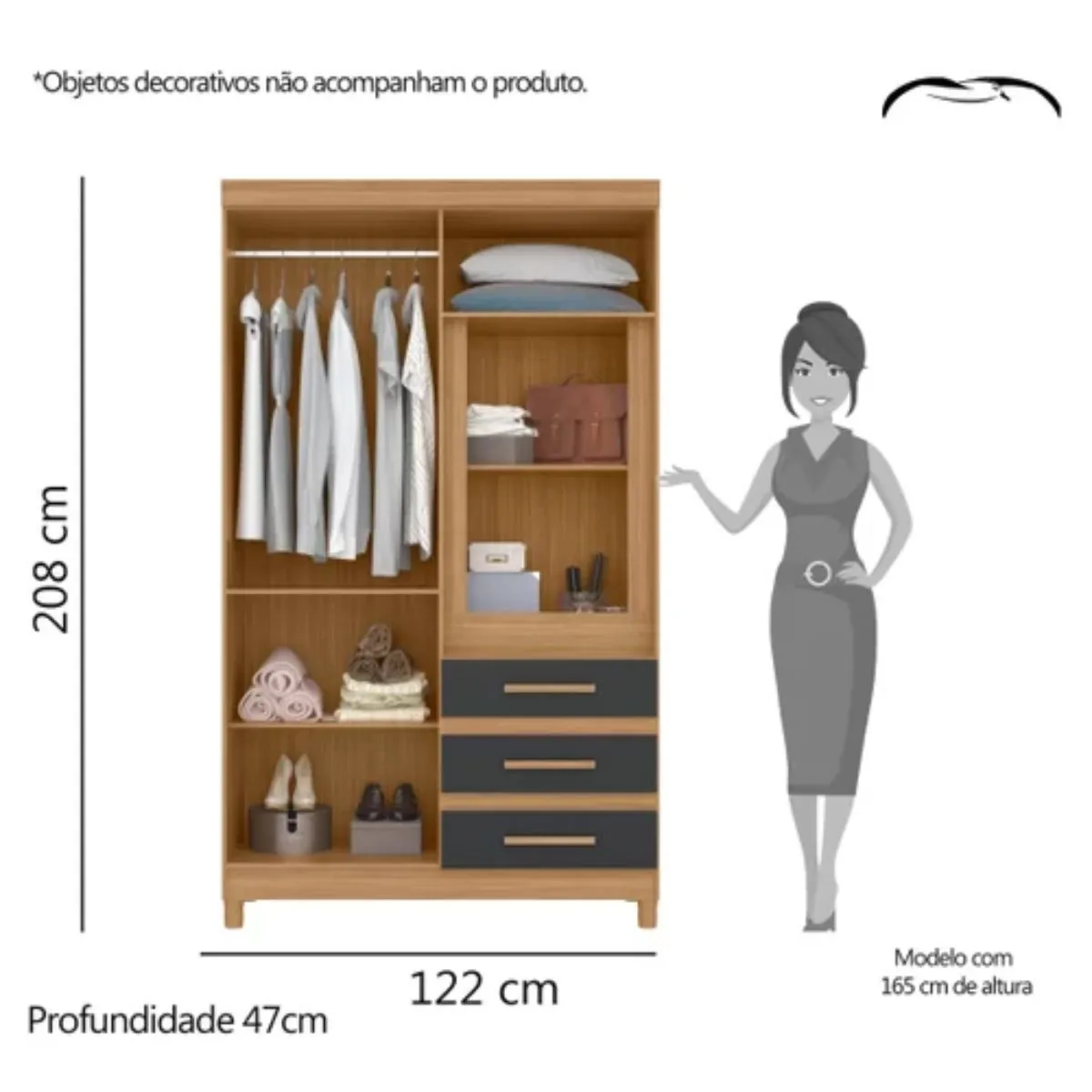 Guarda-Roupa Solteiro 6 Portas 3 Gavetas Fusion com Espelho Nature/Titanium