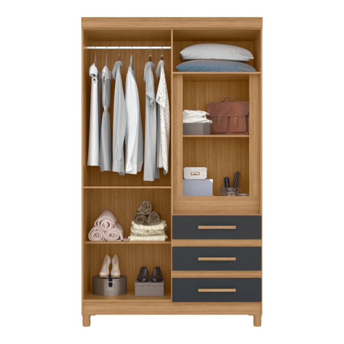 Guarda-Roupa Solteiro 6 Portas 3 Gavetas Fusion com Espelho Nature/Titanium