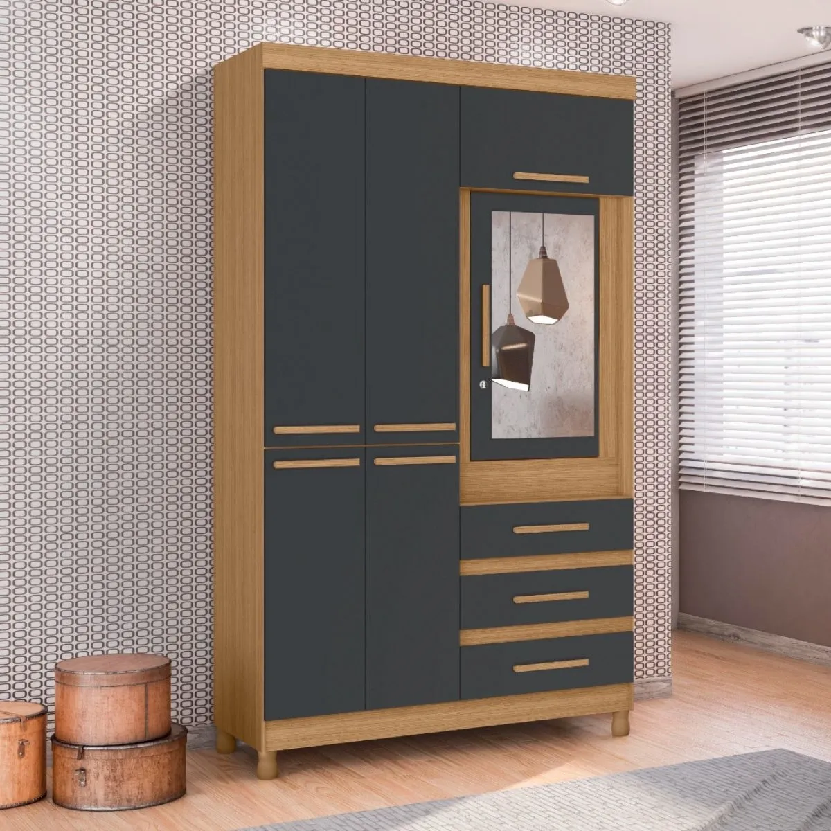 Guarda-Roupa Solteiro 6 Portas 3 Gavetas Fusion com Espelho Nature/Titanium