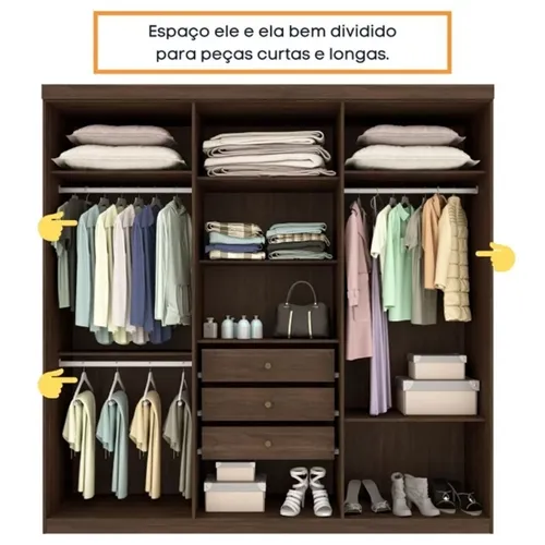Guarda-Roupa Casal Olimpo Com Espelho 6 portas 3 Gavetas e Pés Cacau/Off White