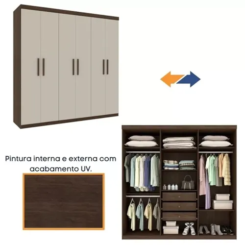 Guarda-Roupa Casal Olimpo Com Espelho 6 portas 3 Gavetas e Pés Cacau/Off White