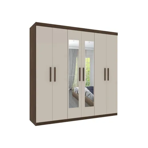 Guarda-Roupa Casal Olimpo Com Espelho 6 portas 3 Gavetas e Pés Cacau/Off White