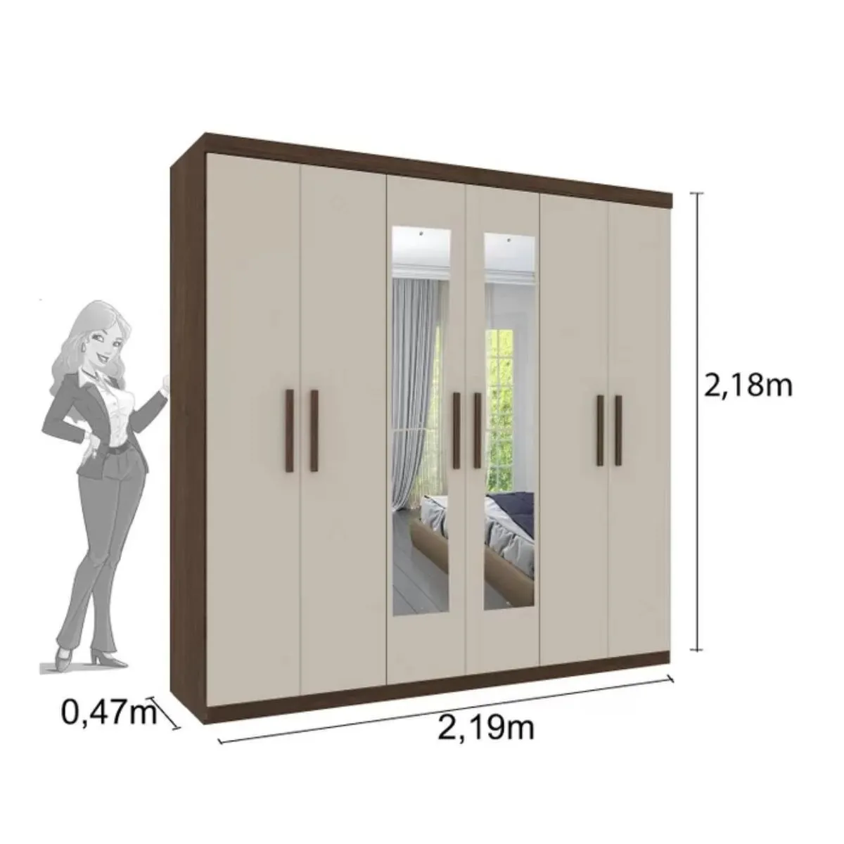 Guarda-Roupa Casal Olimpo Com Espelho 6 portas 3 Gavetas e Pés Cacau/Off White