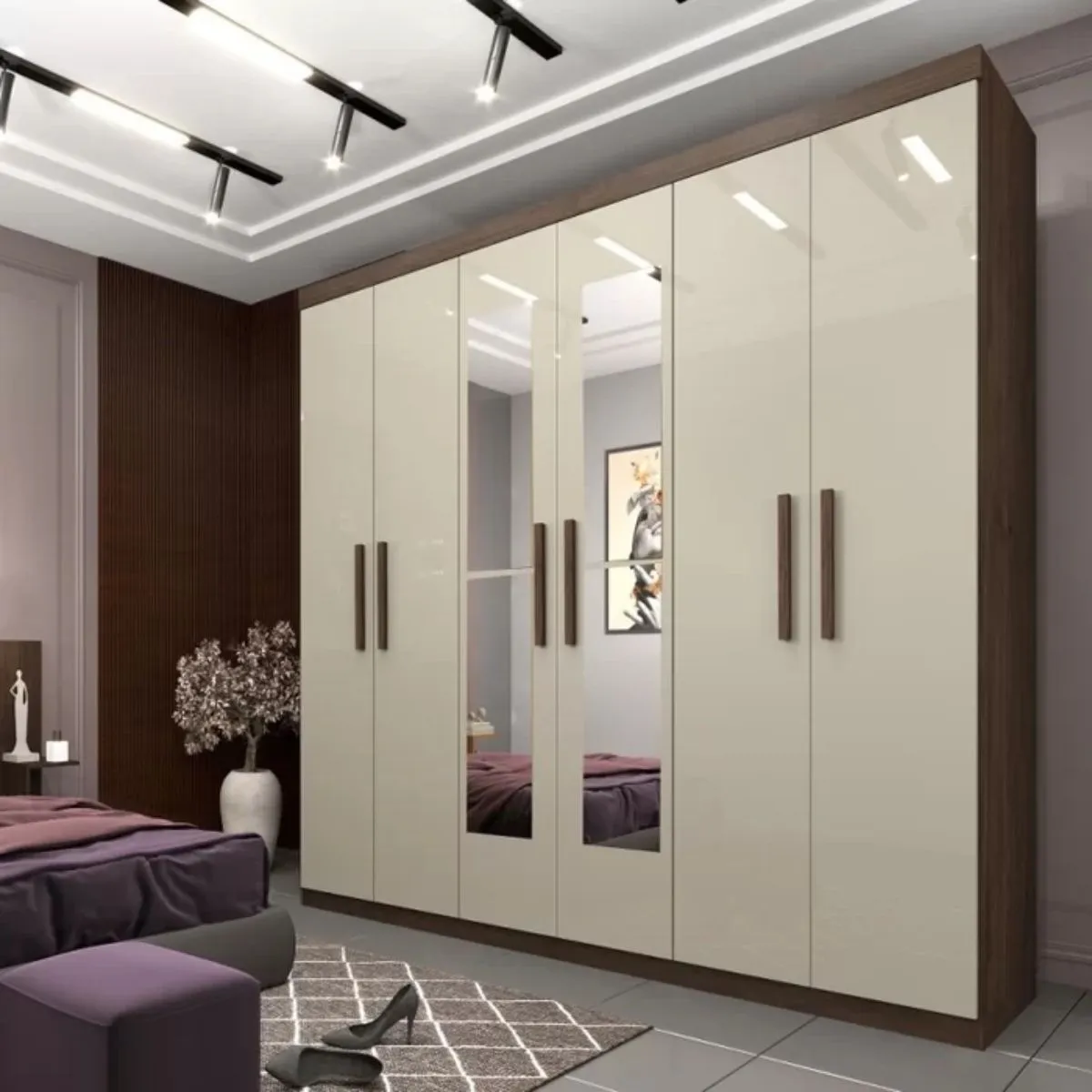 Guarda-Roupa Casal Olimpo Com Espelho 6 portas 3 Gavetas e Pés Cacau/Off White