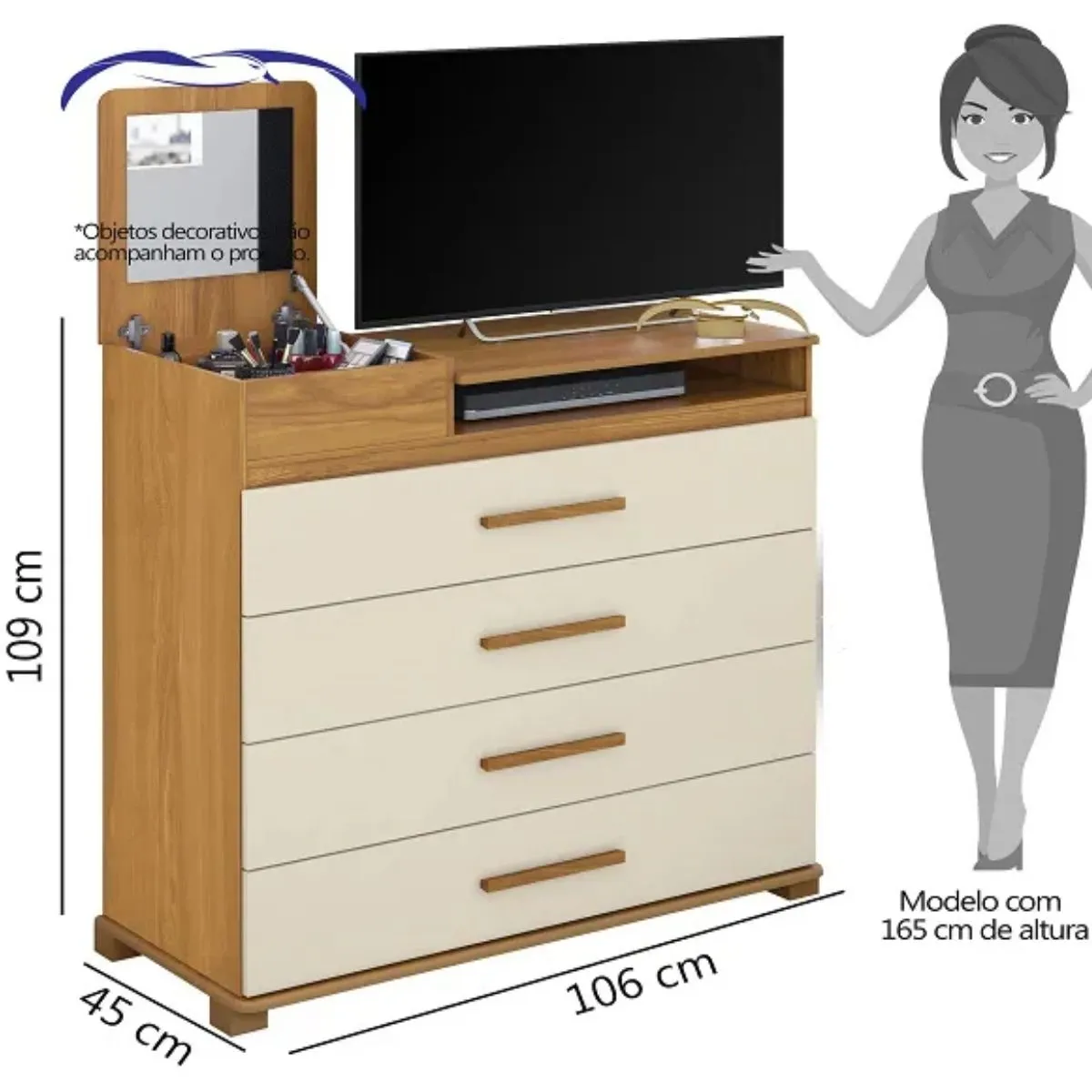 Cômoda 4 Gavetas 1 Porta com Espelho Munique Carvalho Grife/Off White