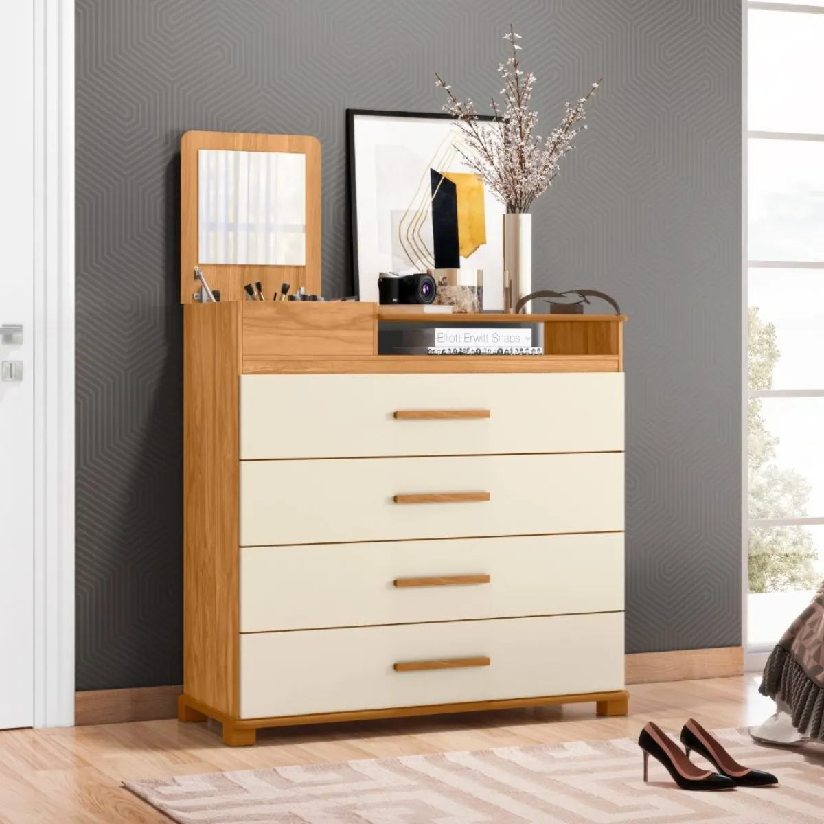 Cômoda 4 Gavetas 1 Porta com Espelho Munique Carvalho Grife/Off White