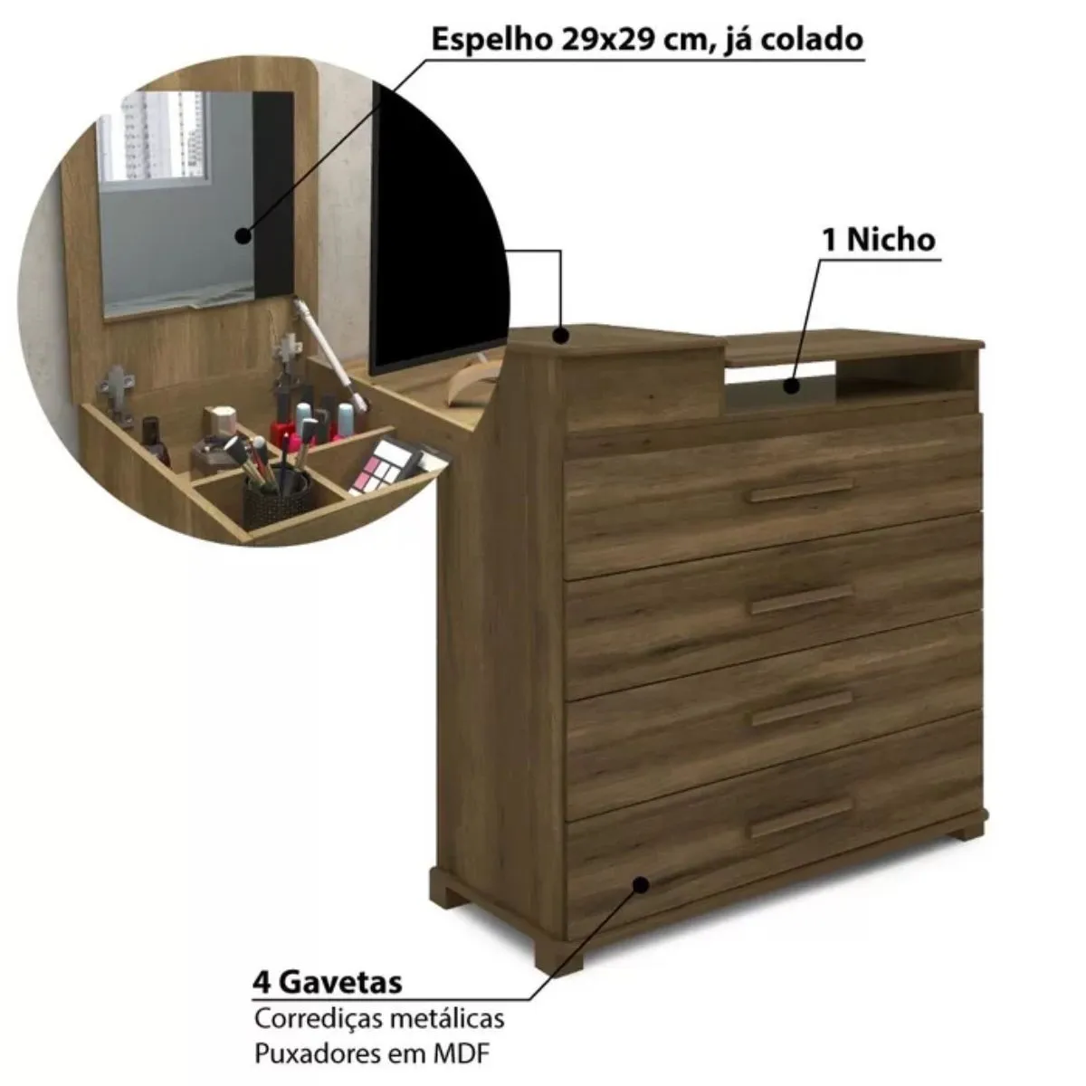 Cômoda 4 Gavetas 1 Porta com Espelho Munique Cedro