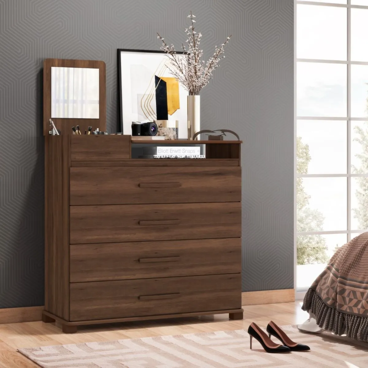 Cômoda 4 Gavetas 1 Porta com Espelho Munique Cedro