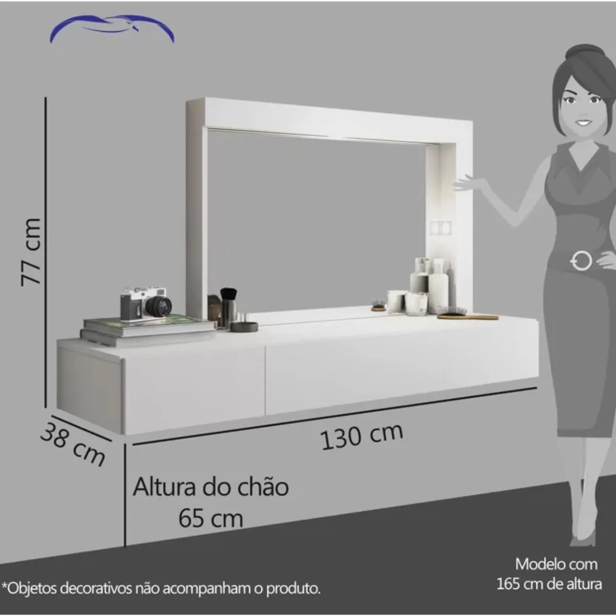 Penteadeira Camarim Suspenso Inspiração com 2 Gavetas e Espelho Branco Fosco Liso