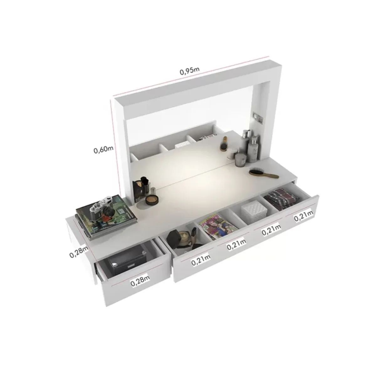 Penteadeira Camarim Suspenso Inspiração com 2 Gavetas e Espelho Branco Fosco Liso