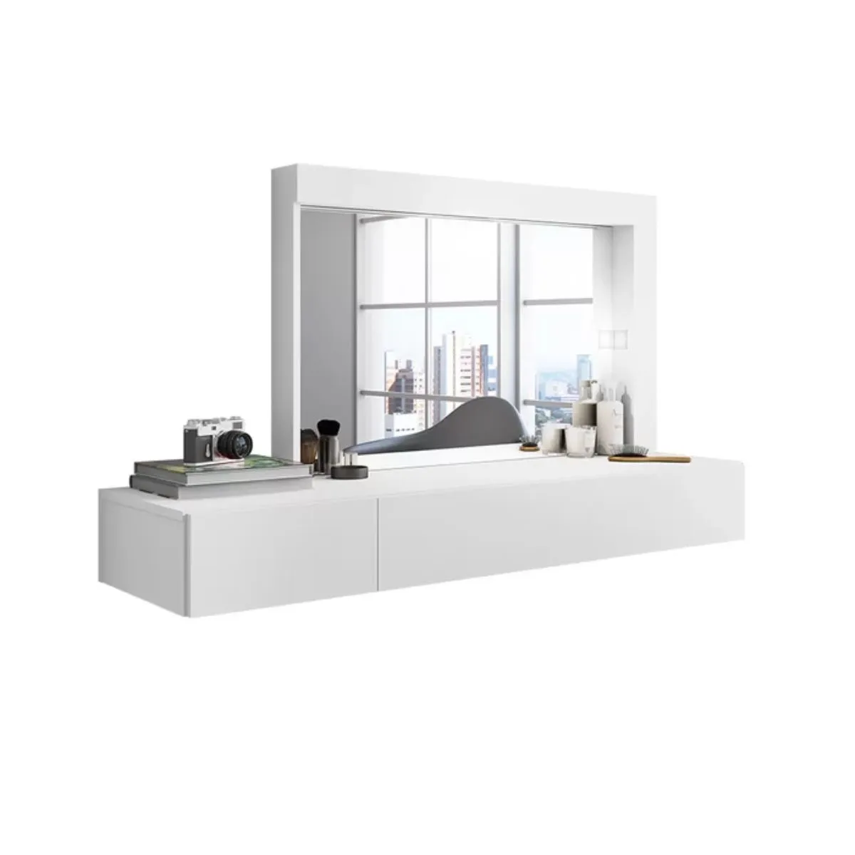 Penteadeira Camarim Suspenso Inspiração com 2 Gavetas e Espelho Branco Fosco Liso