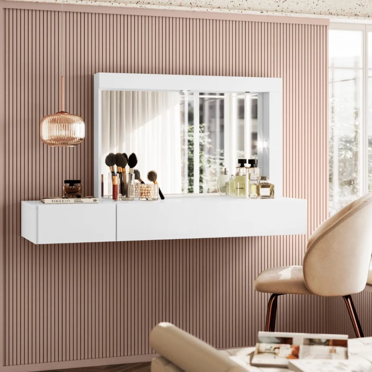 Penteadeira Camarim Suspenso Inspiração com 2 Gavetas e Espelho Branco Fosco Liso