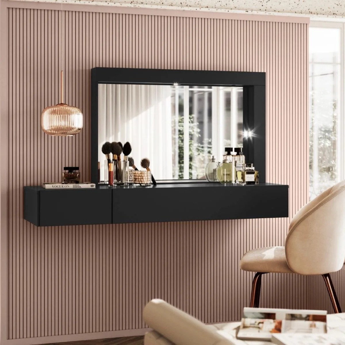 Penteadeira Camarim Suspenso Inspiração com 2 Gavetas e Espelho Preto Fosco Liso