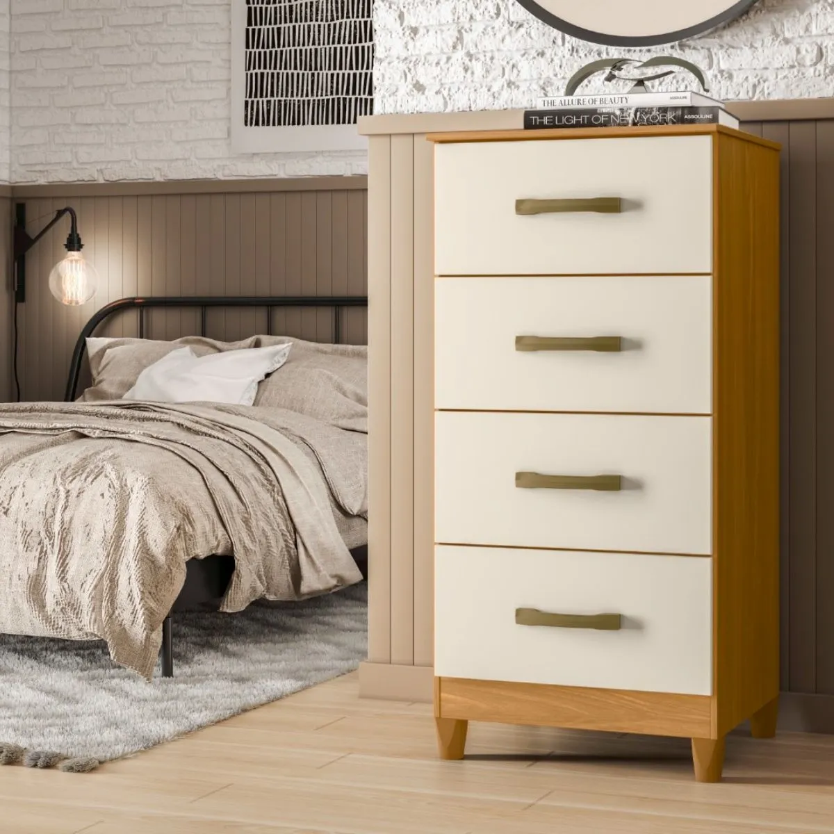 Cômoda 4 Gavetas Mobi Carvalho Grife/Off White