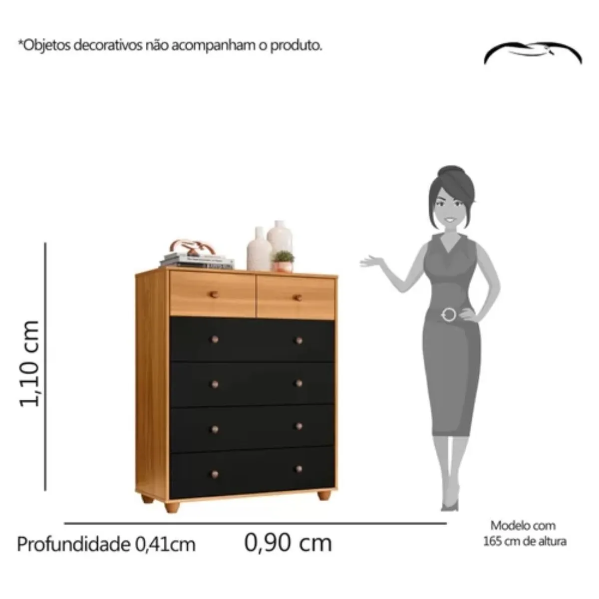 Cômoda 6 Gavetas Vittoria Carvalho Grife/Preto Fosco Liso