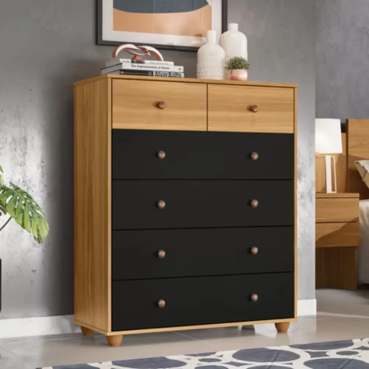 Cômoda 6 Gavetas Vittoria Carvalho Grife/Preto Fosco Liso