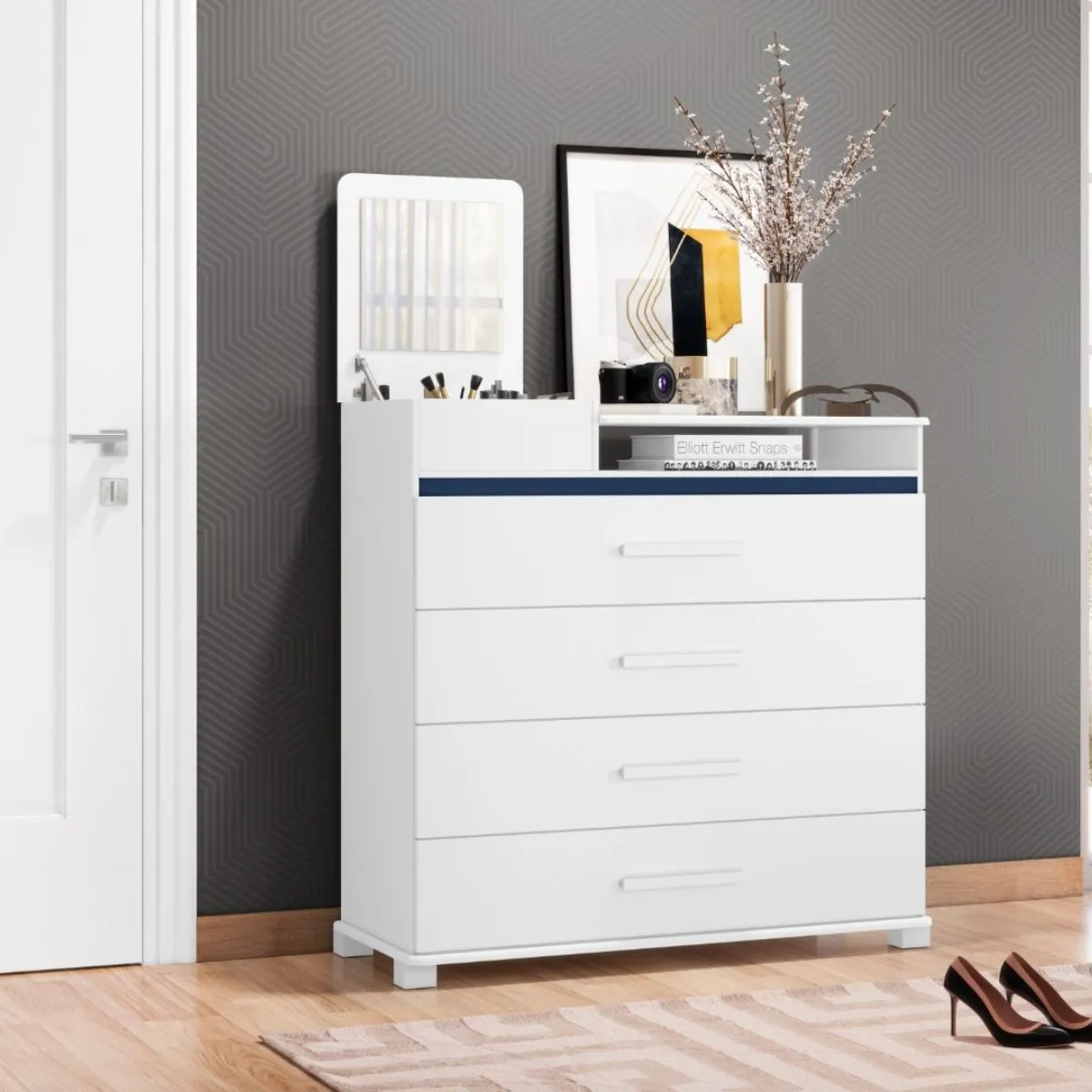 Cômoda 4 Gavetas 1 Porta com Espelho Munique Branca Quadriflex