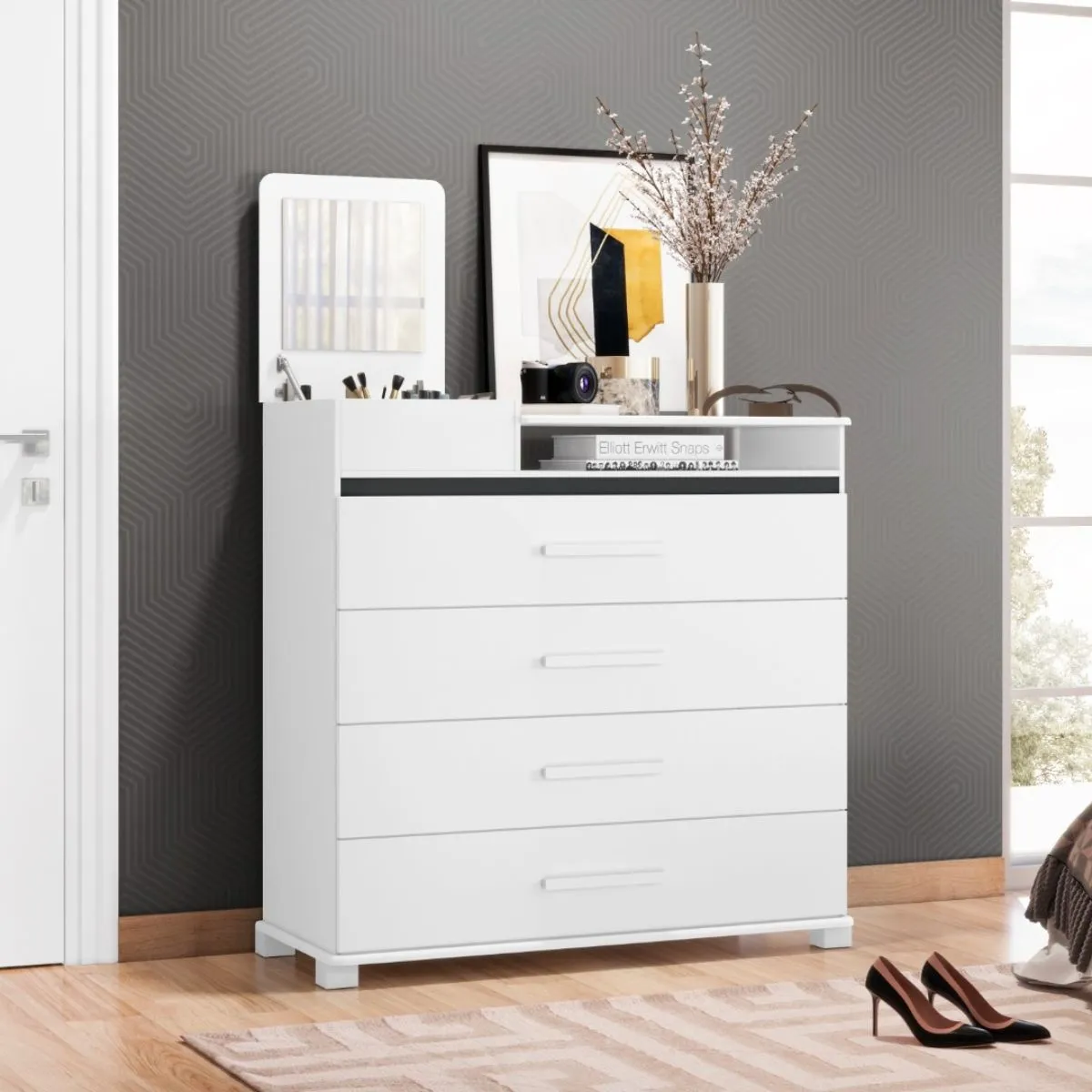 Cômoda 4 Gavetas 1 Porta com Espelho Munique Branca Quadriflex