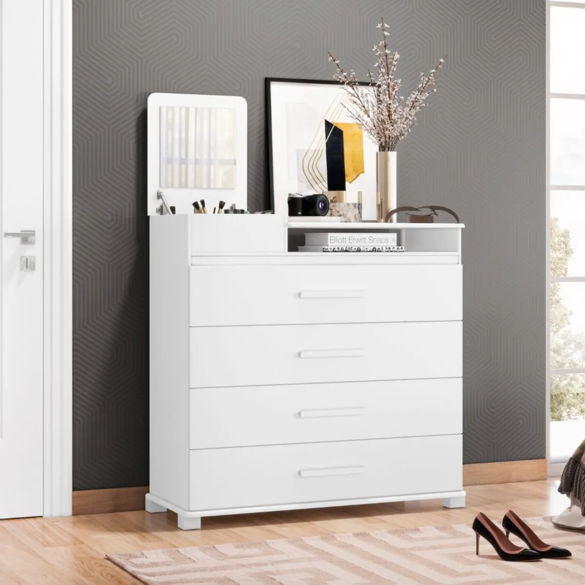 Cômoda 4 Gavetas 1 Porta com Espelho Munique Branca Quadriflex